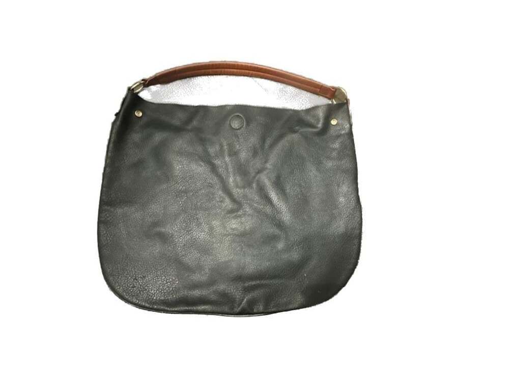 Gianni Bini Black Faux Leather Hobo Shoulder Bag with Tan Contrast Strap